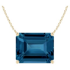 Collier solitaire pour femme en topaze bleue de Londres, taille émeraude, en or massif 14 carats