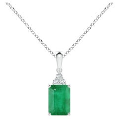 Emerald-Cut Emerald Pendant with Diamond Trio in Platinum for Women