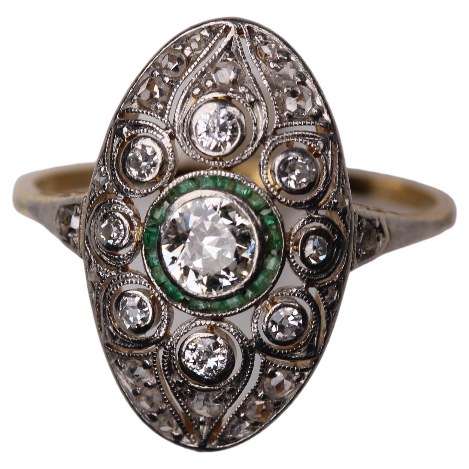 Art Deco Ring with Diamonds and Emeralds 18K Gold & Platinum