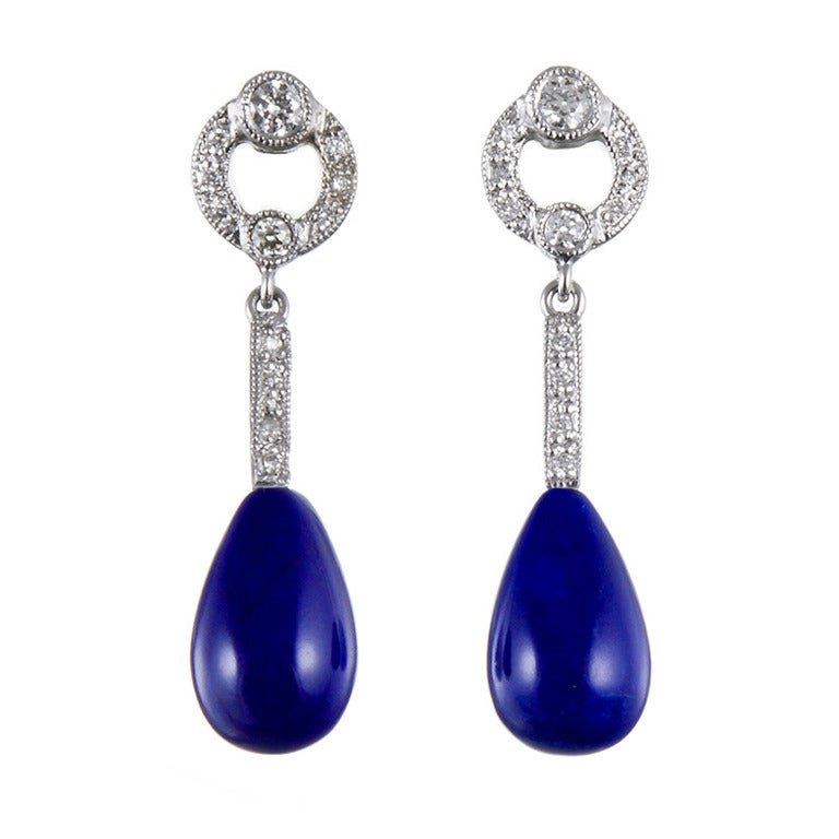 Art Deco Petite Lapis Lazuli Diamond Gold Drop Earrings