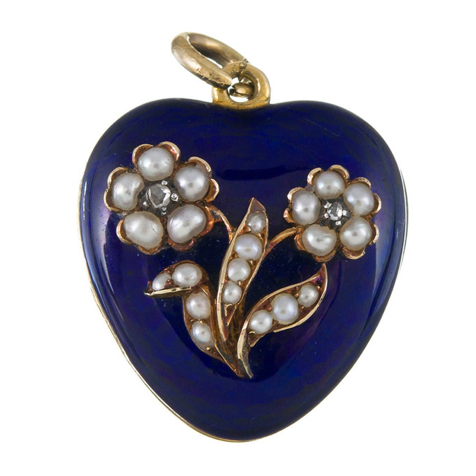 Victorian Enamel Pearl Diamond Gold Heart Locket in Original Box