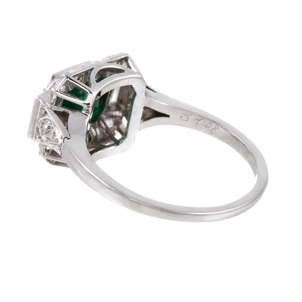 Art Deco 1.50 Carat Emerald Diamond Platinum Ring In Excellent Condition In Carmel-by-the-Sea, CA