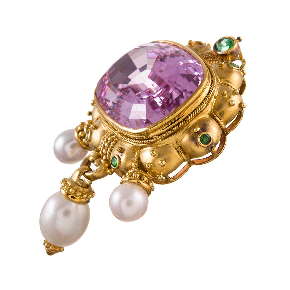 Women's 140 Carat Kunzite Tsavorite Pearl Brooch Pendant