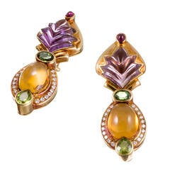 Cabochon Gemstone Diamond Gold Earrings 9