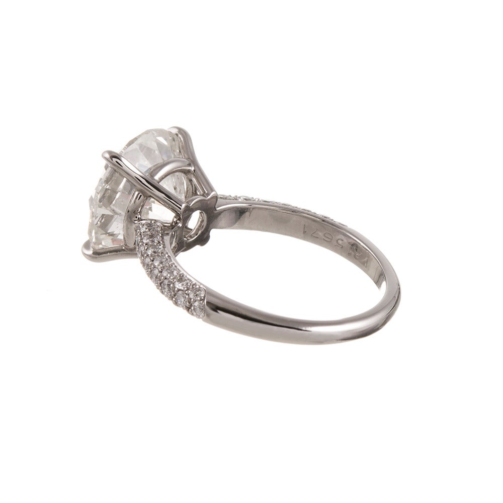 Simple perfection… a 5.49 carat GIA-graded J/Si2 diamond solitaire set in a platinum four prong mounting with a three-sided diamond pave shank. If you are looking to “wow” someone special with a surprise for Valentine’s Day, this is likely to