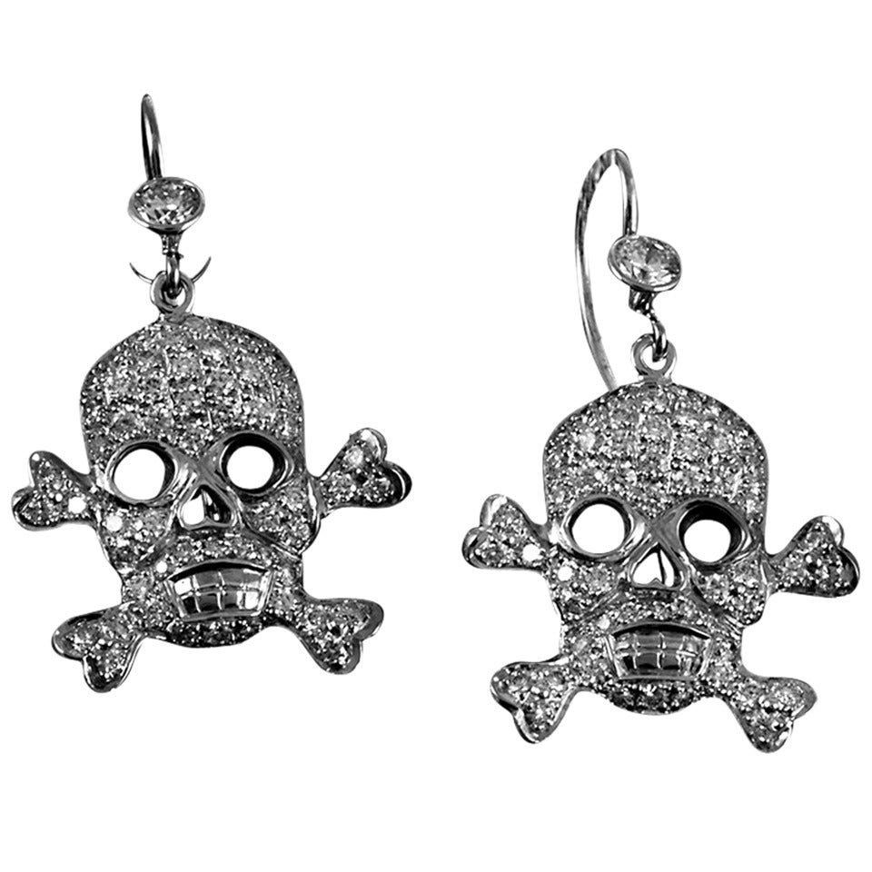 Diamond Gold Skull and Crossbones Earrings For Sale