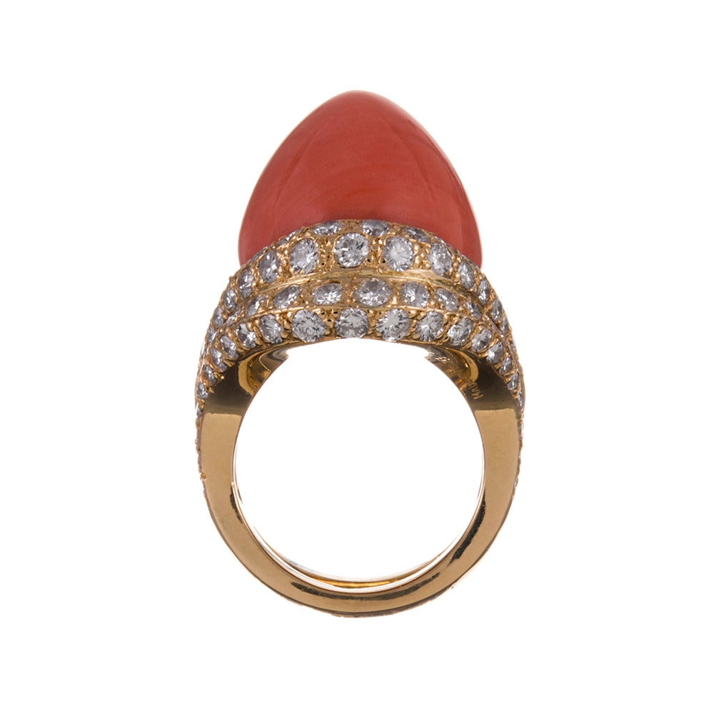 Women's Large French Coral Diamond Gold Ring