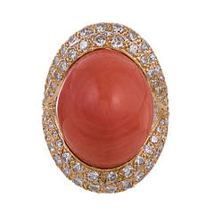 Large French Coral Diamond Gold Ring