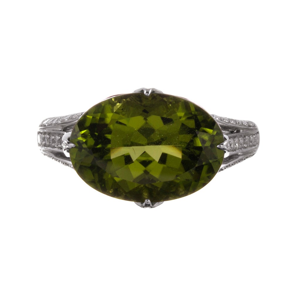 Sideways Set 7 Carat Peridot & Diamond Ring