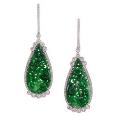 Carved Jade Diamond Platinum Drop Earrings
