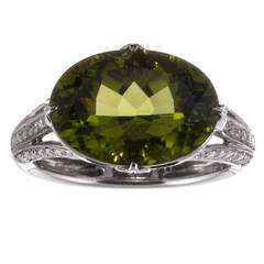 Sideways Set 7 Carat Peridot & Diamond Ring