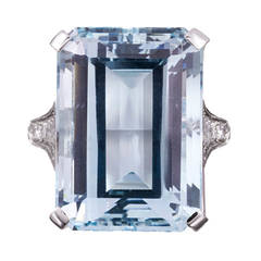1950s 21.08 Carat Aquamarine Diamond Platinum Ring