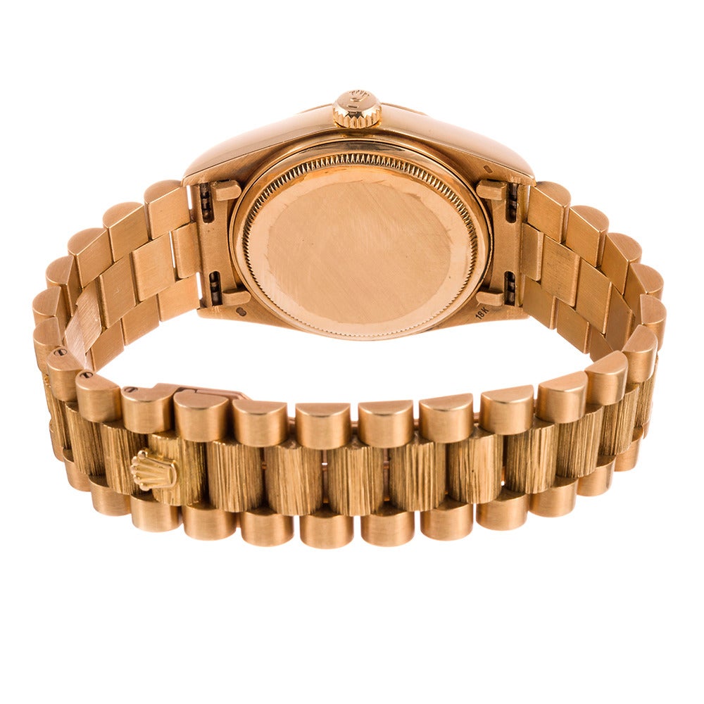 Men's Rolex Yellow Gold President Bark Wood Dial Day Date Wristwatch