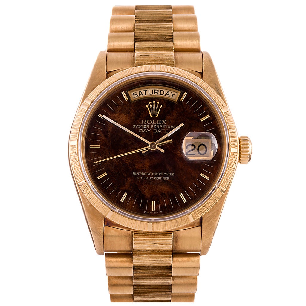 Rolex Yellow Gold President Bark Wood Dial Day Date Wristwatch