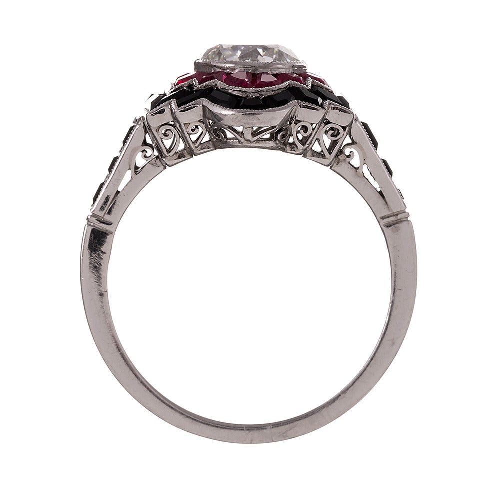 Women's 1.34 Carat Diamond Platinum Ring with Ruby and Onyx Trim