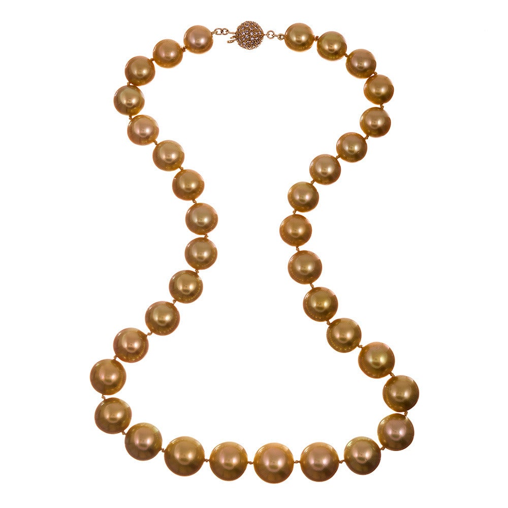 For the pearl enthusiast, a strand of 36 natural color, undyed golden pearls. The color is breathtaking: a richly-saturated true golden hue with striking nacre. The pearls graduate from 11 to 15 millimeters and are finished with an 18k yellow gold