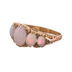 Victorian English Carved Five Stone Opal Diamond Gold Ring