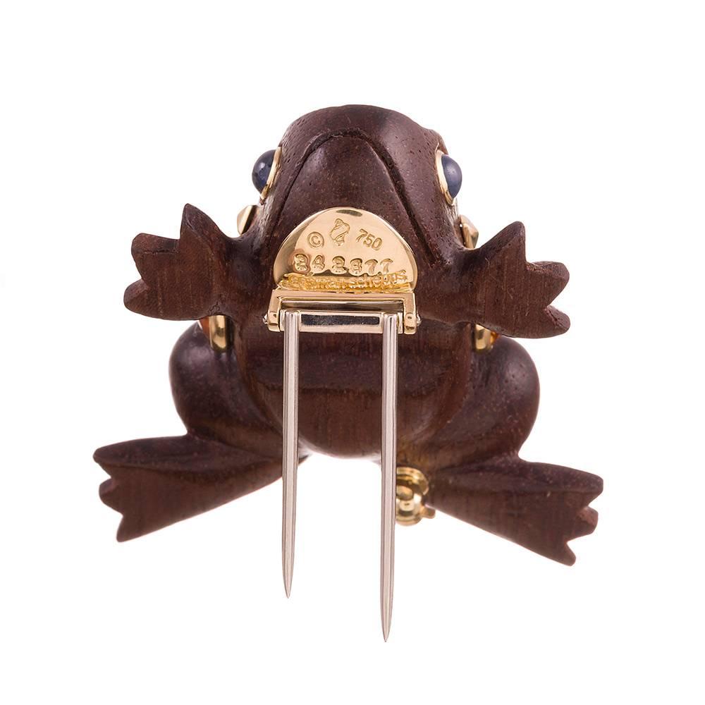 Seaman Schepps Walnut Wood Citrine Sapphire Gold Frog Brooch In New Condition In Carmel-by-the-Sea, CA