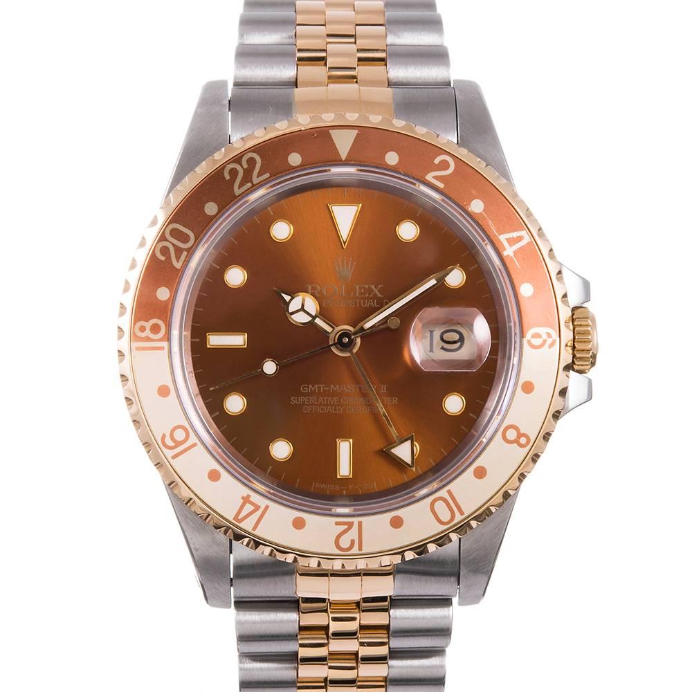 Rolex Yellow Gold Stainless Steel Rootbeer GMT Wristwatch Ref 16713