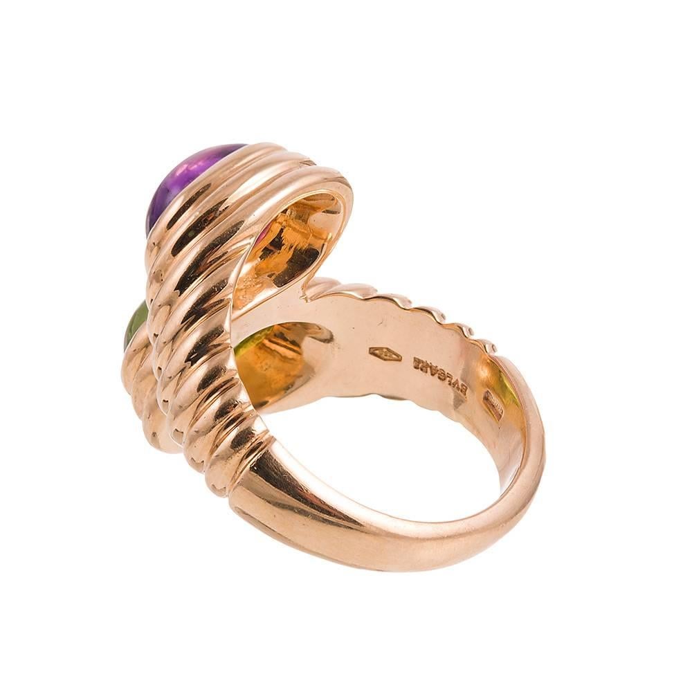 Bulgari Amethyst Peridot Gold Bypass Ring In Excellent Condition In Carmel-by-the-Sea, CA