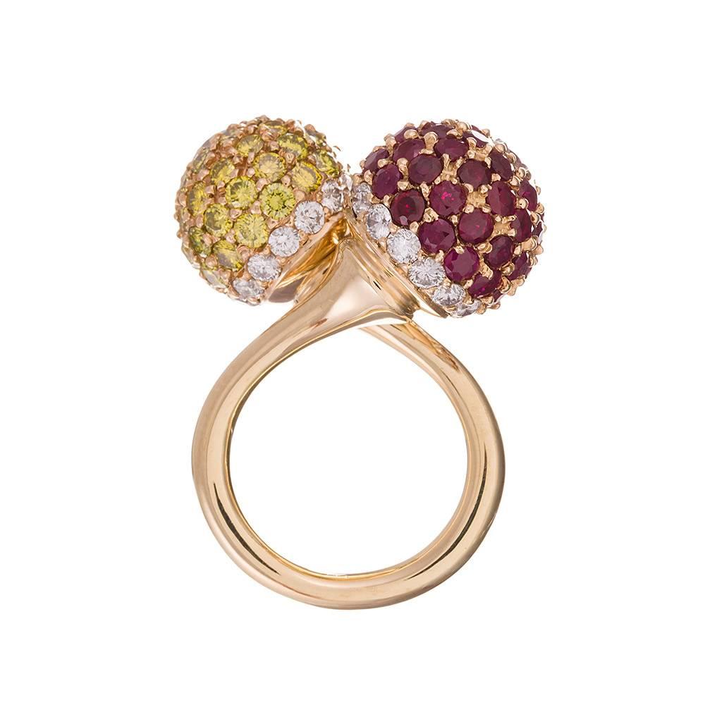 Ruby Diamond Gold Orb Bypass Ring In Excellent Condition For Sale In Carmel-by-the-Sea, CA