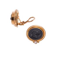 Elizabeth Locke Carved Venetian Glass Gold Horse Portrait Earrings