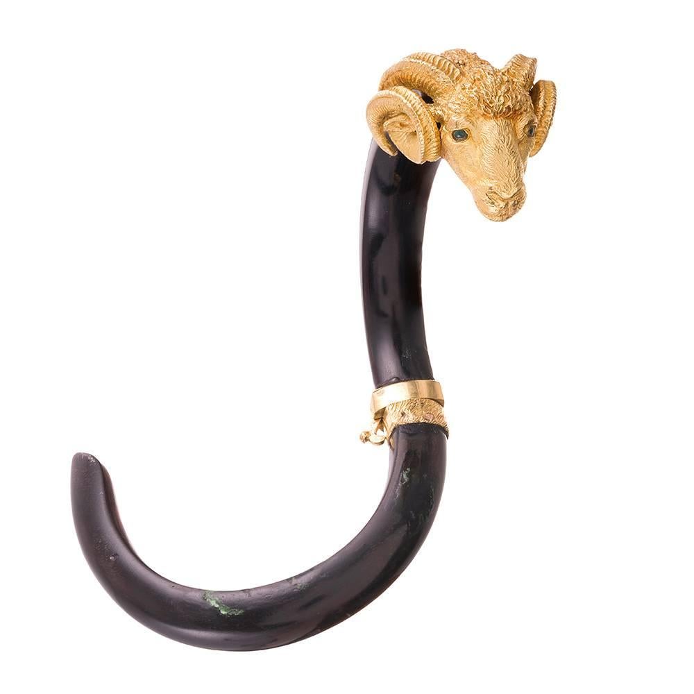 Gay Freres Carved Ram’s Head Black Bone Gold Bracelet In Excellent Condition In Carmel-by-the-Sea, CA