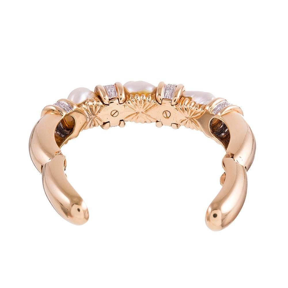 David Webb Baroque Pearl Diamond Gold Cuff Bracelet In Excellent Condition In Carmel-by-the-Sea, CA