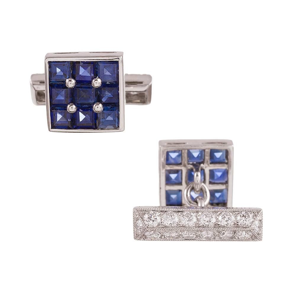 An important pair of sapphire and diamond cufflinks, rendered in platinum and signed by Tiffany & Co. The square sapphires weigh 3.36 carats in total while the diamonds weigh approximately 1.00 carat and grade as G-H color and Vs clarity. Navy blue