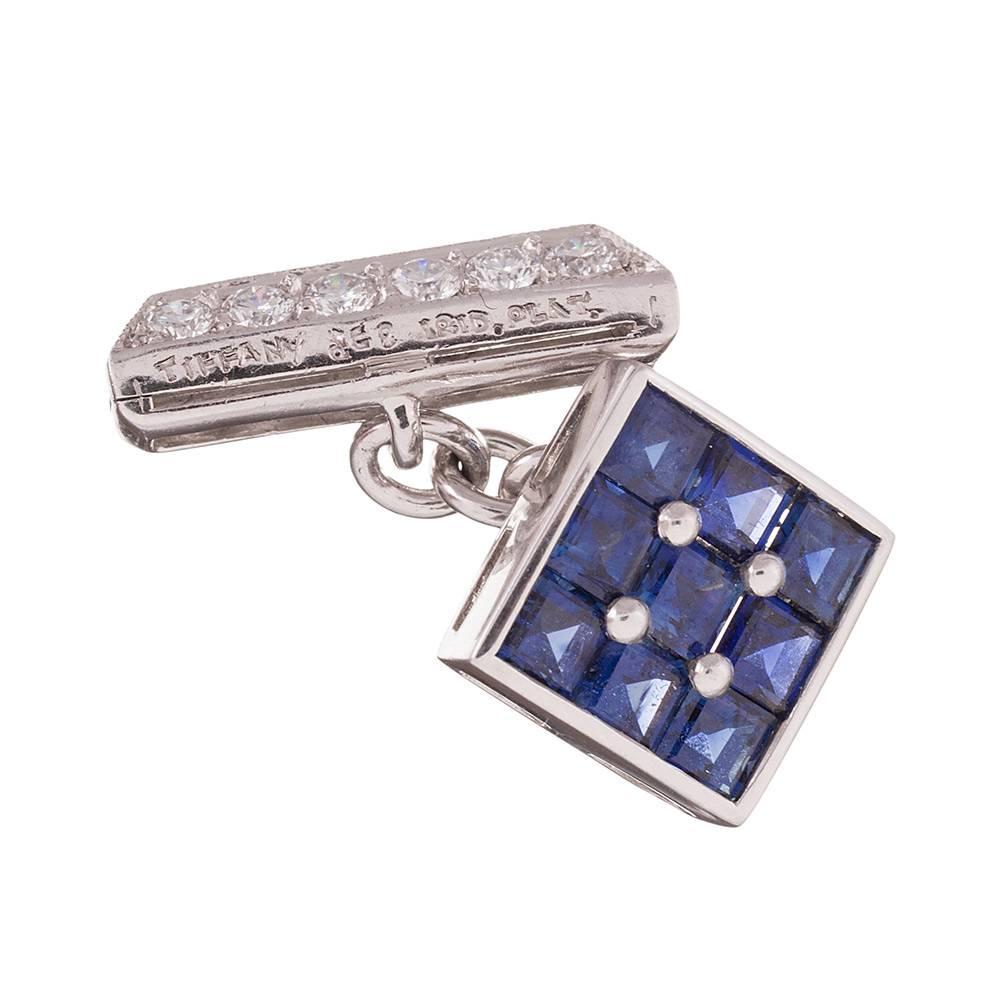 Tiffany & Co. Sapphire Diamond Platinum Cufflinks In Excellent Condition In Carmel-by-the-Sea, CA