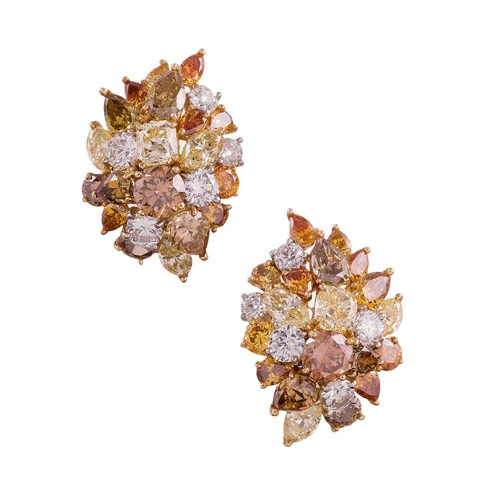 12.80 Carat Multicolored Diamonds Gold Cluster Earrings