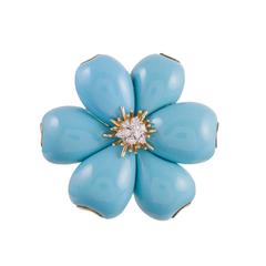 Turquoise Diamond Gold Flower Brooch