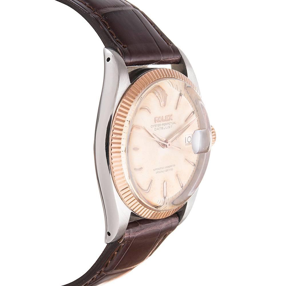 Rolex Rose Gold Stainless Steel Datejust Tropical Patina Wristwatch In Excellent Condition In Carmel-by-the-Sea, CA