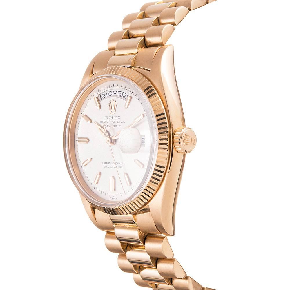 This would have been among the first examples of a Rolex Day-Date and it has been preserved in incredible and all original mint condition. Even the bracelet is special, with a “big logo” clasp, stamped “59” inside. This yellow gold timepiece has an