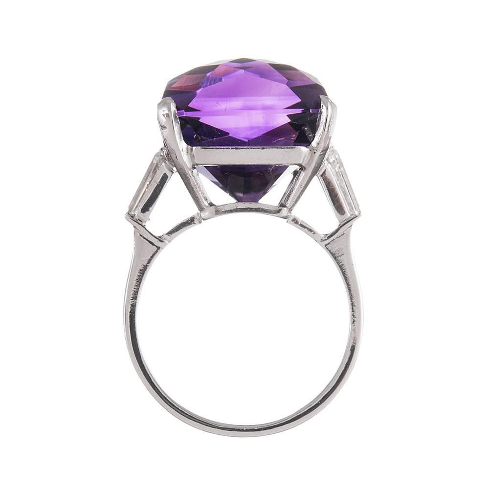 1950s 14.92 Carat Amethyst Baguette Diamond Platinum Ring In Excellent Condition In Carmel-by-the-Sea, CA
