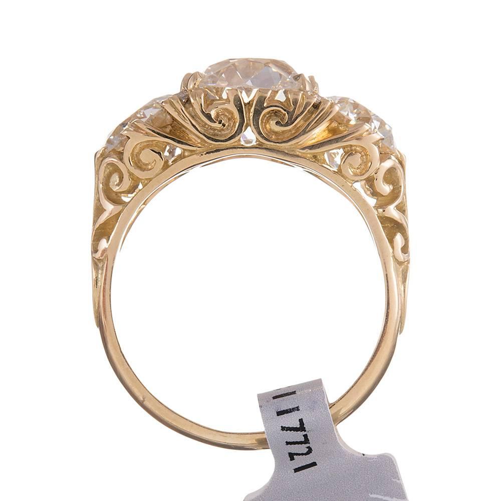 Women's 6.62 Carat English Carved Style Three-Stone Diamond Ring