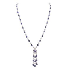 Vintage Cabochon Sapphire Diamond Tassel Necklace 