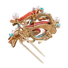 Seaman Schepps Red Coral Turquoise Pearl Diamond Gold “Koi" Brooch
