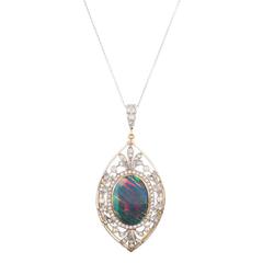 Edwardian 11.50 Carat Opal Diamond Gold Platinum Pendant