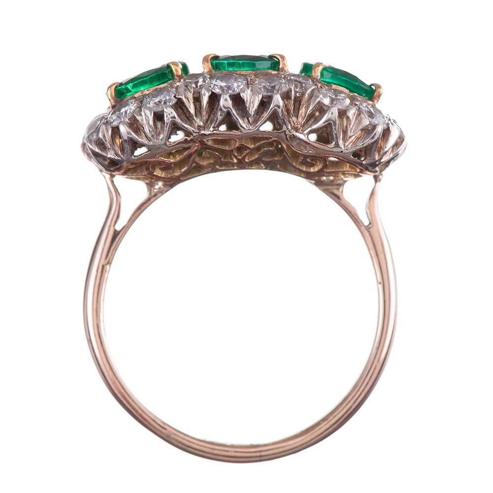 1960s Emerald Diamond Two-Color Gold Cluster Ring In Excellent Condition In Carmel-by-the-Sea, CA