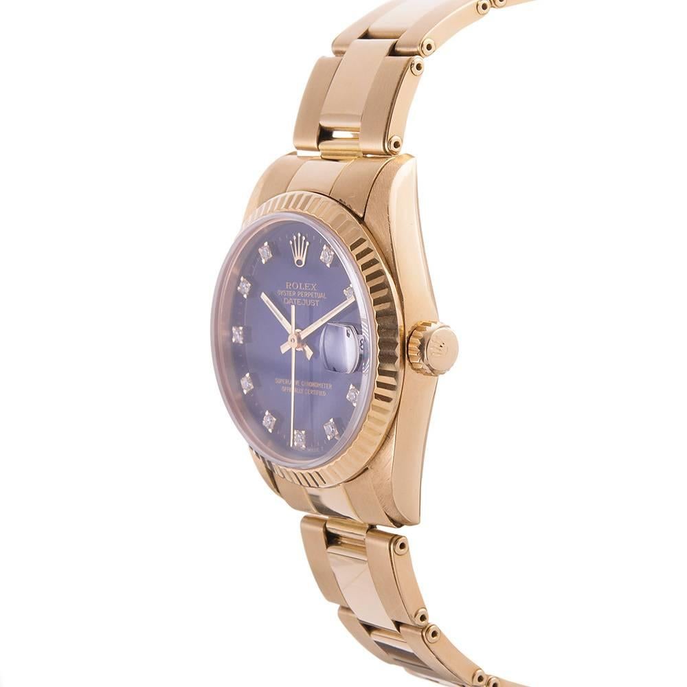 The ideal piece to entice the lady in your life begin collecting vintage Rolex, this 31mm Lady Datejust ref. #68278 offers a rare “Blue Vignette with Diamonds” dial that is no longer made by Rolex with an original Oyster bracelet with riveted links.