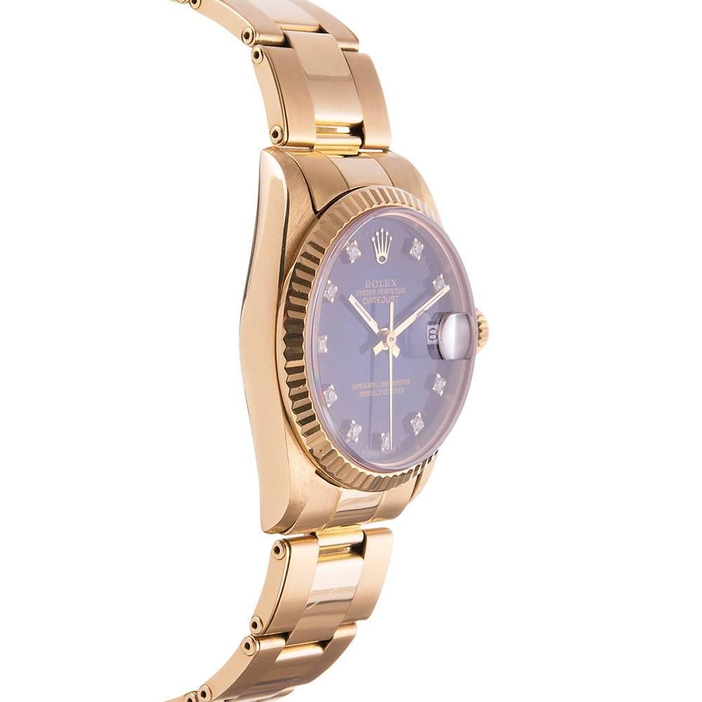 Rolex Lady's Yellow Gold Diamond Dial Blue Vignette Wristwatch Ref 68278 In Excellent Condition In Carmel-by-the-Sea, CA