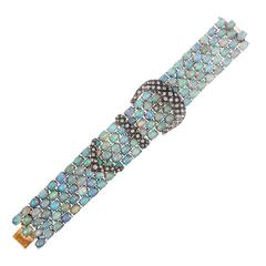 Cabochon Opal 7 Diamond Wide Buckle Bracelet