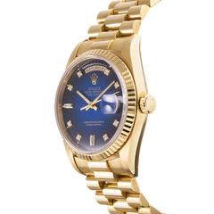 Rolex Yellow Gold Diamond Dial Day-Date Blue Vignette Wristwatch