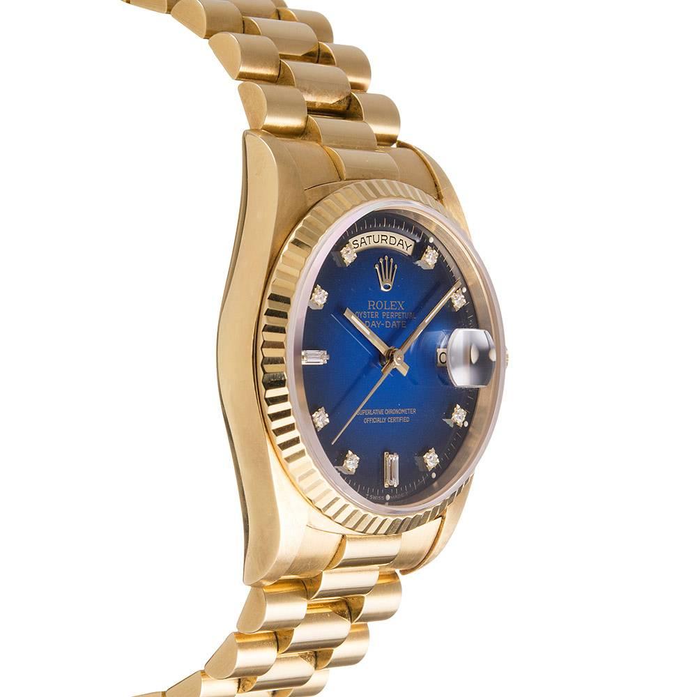 Rolex Yellow Gold Diamond Dial Day-Date Blue Vignette Wristwatch In Excellent Condition In Carmel-by-the-Sea, CA