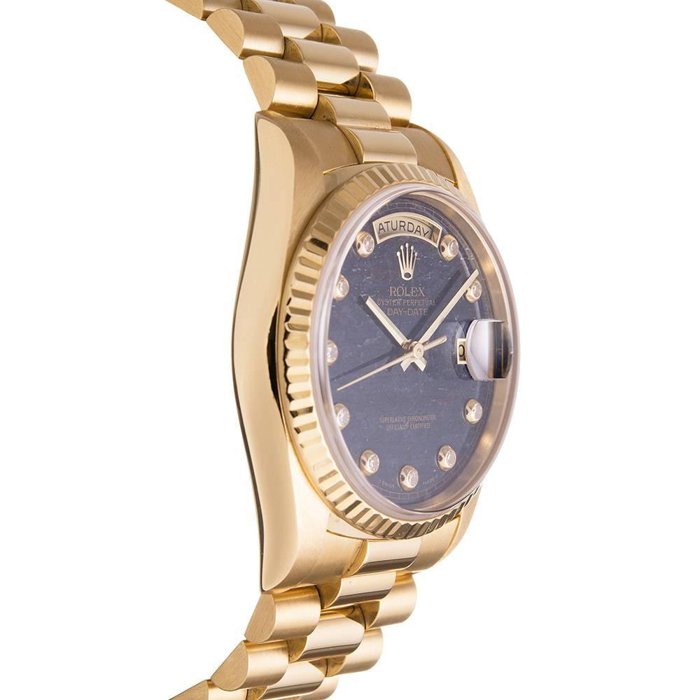 Rolex Gelbgold Diamant Aventurin Zifferblatt Day-Date Armbanduhr Ref 18238 im Zustand „Hervorragend“ in Carmel-by-the-Sea, CA
