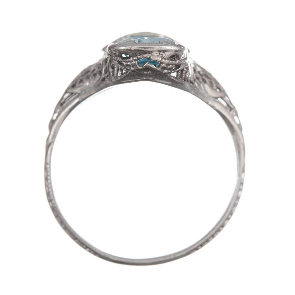 Women's or Men's 1920s American Made Aquamarine Diamond Gold Filigree Ring