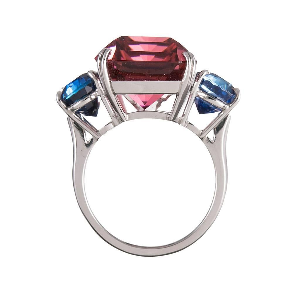 Women's 23.86 Carat Pink Tourmaline Blue Sapphire Platinum Ring