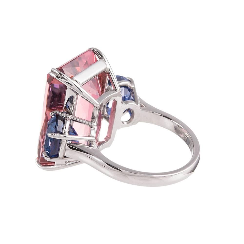 23.86 Carat Pink Tourmaline Blue Sapphire Platinum Ring In Excellent Condition In Carmel-by-the-Sea, CA