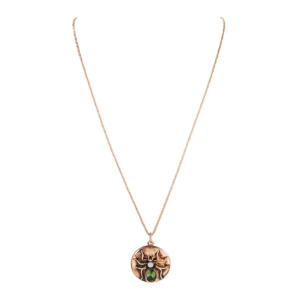 Victorian Green Tourmaline Diamond Gold Spider Locket In Excellent Condition In Carmel-by-the-Sea, CA